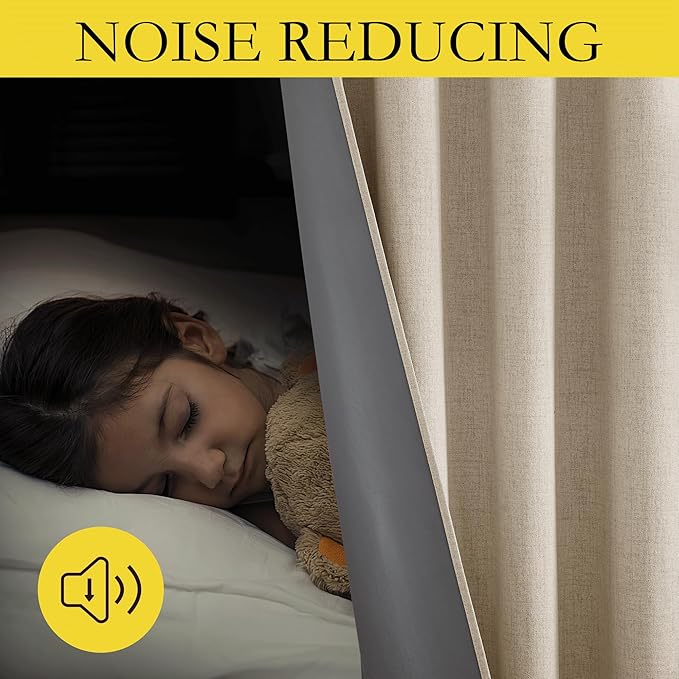 NICETOWN Cream Linen Complete Blackout Curtains 48 inches for Kids Room, 2 Panels, Thermal Insulated & Noise Reducing Window Draperies with Grey Liner, Noise Reducing Short Drapes