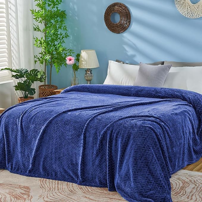 inhand Navy Fleece Queen Blanket for Bed, Super Soft Flannel Cozy Blankets for Adults, Lightweight Leaves Pattern Fuzzy Blanket for Office,Travel, Warm Plush Blankets for All Season, 90x90 Inches