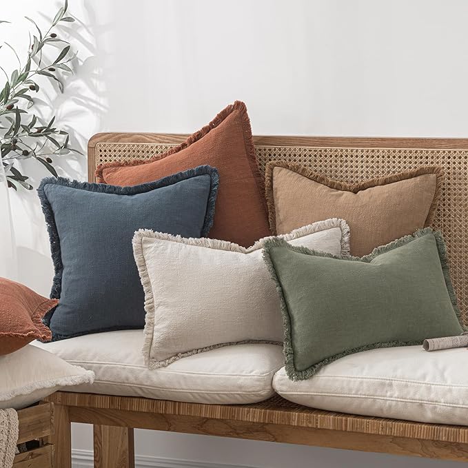 MIULEE Decorative Throw Pillow Covers Neutral Linen Fringe Throw Pillows Set of 2 Natural Beige Boho Farmhouse Cushion Covers with Tassels for Couch Sofa Bed Living Room Spring Decor 16x16 Inch
