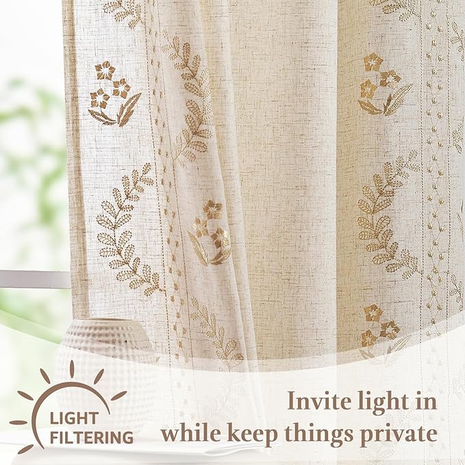 jinchan Belrose Linen Floral Kitchen Curtains 24 inch Length Embroidered Farmhouse Cafe Curtains for Living Room Bathroom Small Windows Curtain Set Sheer Light Filtering 2 Panels Beige