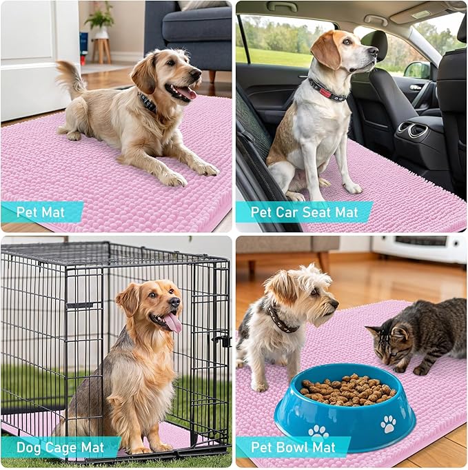 OLANLY Dog Door Mat for Muddy Paws 54x24, Absorbs Moisture and Dirt, Absorbent Non-Slip Washable Doormat, Quick Dry Chenille Mud Mat for Dogs, Entry Indoor Entryway Carpet for Inside Floor, Pink