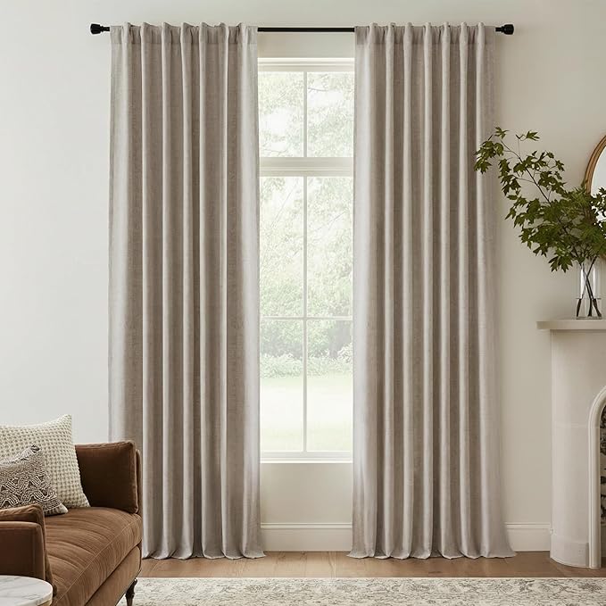 RYB HOME Linen Textured 100% Blackout Curtains for Bedroom, Insulating Energy Saving Window Curtains for Living Room Dining Patio Sliding Glass Door, Wide 52 x Long 90 inch, Beige, 2 Panels