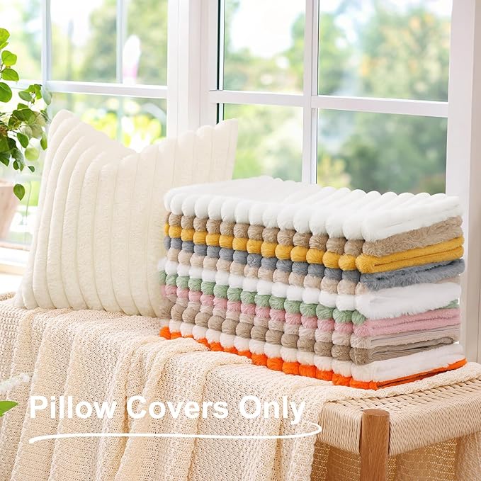 decorUhome Cozy Faux Fur Throw Pillow Covers 12x20 Set of 2 Decorative Soft Plush Striped Lumbar Modern Farmhouse Boho Couch Pillow Cases with Velvet Back for Sofa Bed Living Room, Grey