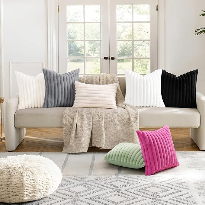 decorUhome Cozy Faux Fur Throw Pillow Covers 22x22 Set of 2 Decorative Soft Plush Striped Modern Farmhouse Boho Couch Euro Sham Pillow Cases with Velvet Back for Sofa Bed Living Room, Grey