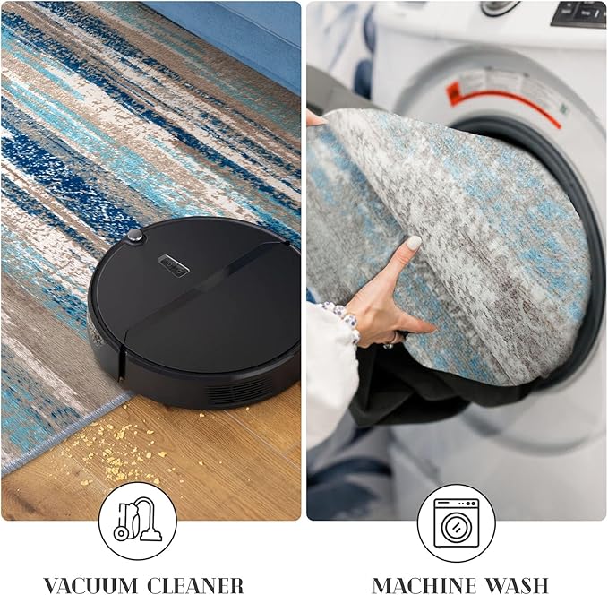 Lansny Modern Abstract 5x7 Machine Washable Area Rug Non-Slip Soft Bedroom Living Romm Rug Blue Ultra Thin Print Faux Wool Floor Carpet Throw Rugs for Nursery Playroom Dining Room Indoor Office
