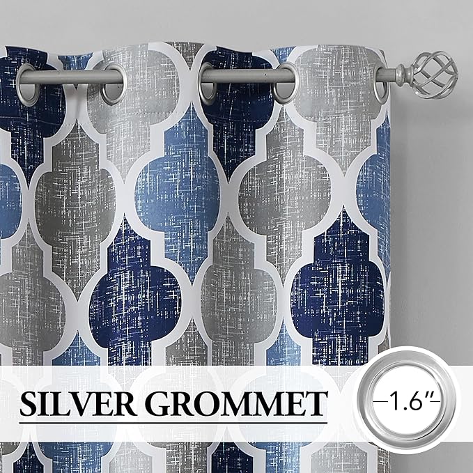 Beauoop 100% Blackout Curtains 96 Inches Long for Patio Sliding Door Blue Grey Extra Wide Moroccan Geo Room Darkening Thermal Soundproof Room Divider Grommet Window Treatment Drapes,100x96 Set of 1
