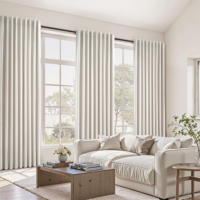 Topfinel 107 Inch Long Farmhouse Linen Blackout Curtains for Bedroom 2 Panel Sets Natural Ivory Birch Linen Texture Thermal Insulated Energy Saving Drapes for Sliding Door (W52 x L107 x2)