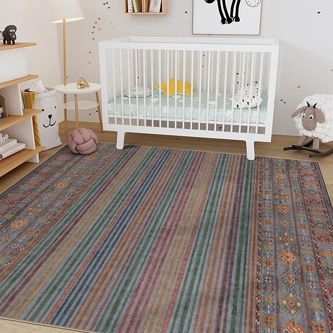 Nakagishi 9X12 Area Rugs Living Room: Washable Large Vintage Rug Neutral Non-Slip Soft Stain Resistant Indoor Carpet for Bedroom Nursery Dining Room Office Playroom - Multi Color