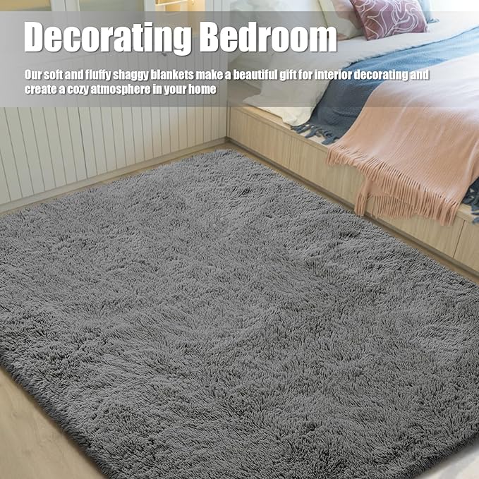 8x10 Fluffy Area Rugs for Living Room,Shag Area Rug for Bedroom,Deep Grey Soft Fuzzy Rug Non-Shedding Indoor Plush Carpet for Kids Bedroom Nursery Home Decor