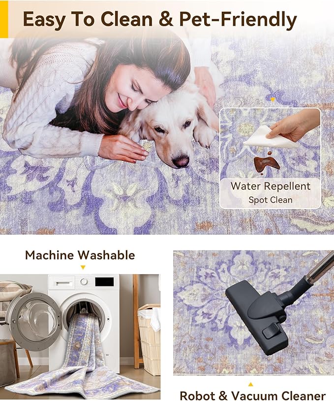 RELEANY Area Rugs 2'x10' Runner Rug Non Slip Washable for Kitchen Hallway Bedroom Beside Laundry Room Bathroom Rug, Floor Carpet, Light Purple Brown