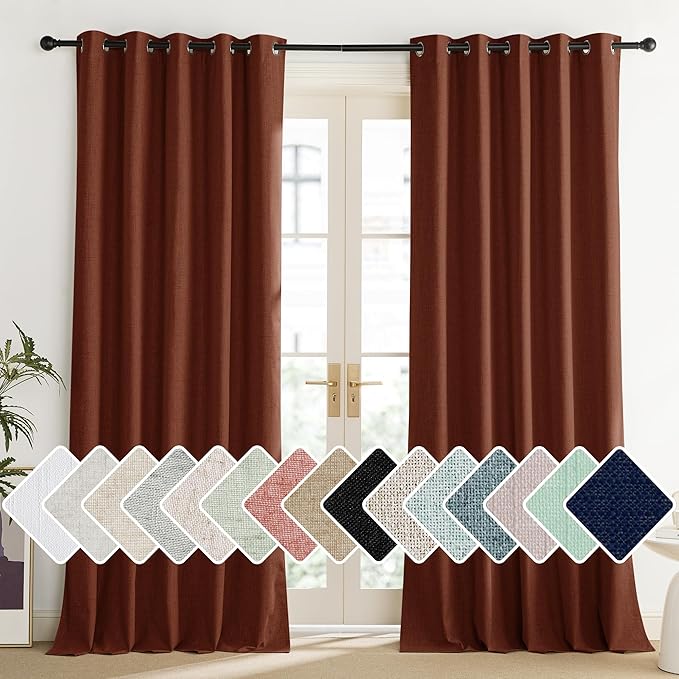 NICETOWN 100% Absolutely Blackout Linen Curtains with Thermal Insulated Liner, 62" Wide, 2 Panels, 120" Long Drapes, Grommet Retro Burnt Orange Linen Curtains Vertical Drapes Privacy for Bedroom