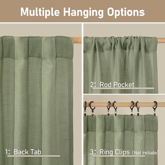 LAMIT Extra Wide Linen Curtains for Bedroom, Sage Green Light Filtering Faux Linen Textured Panels Semi Sheer Back Tab and Rod Pocket Boho Drapes for Living Room, 2 Panels, 60 x 84 Inch