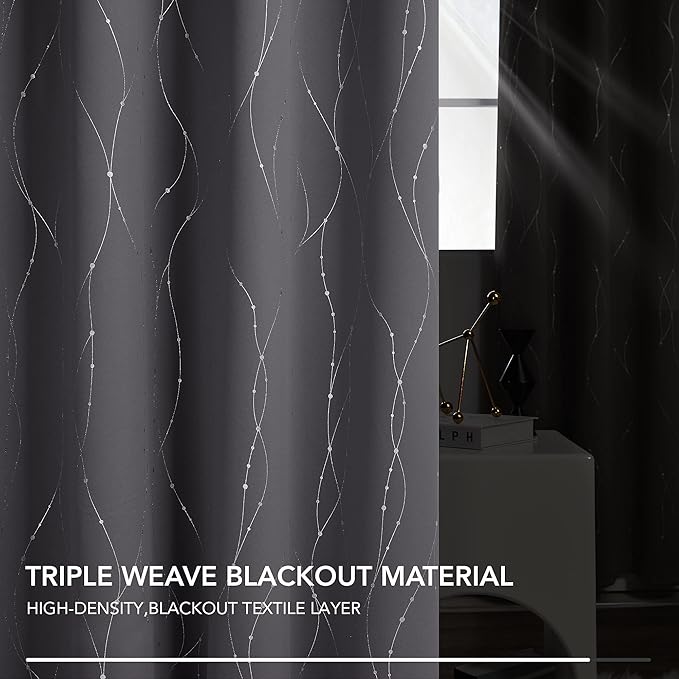 Deconovo Grey Blackout Curtains for Bedroom, Thermal Insulated Soundproof Drapes, Wave Dots Foil Print, 42 x 63 Inches Long, 2 Panels, Machine‑Washable Privacy Window Panel for Living Room Kitchen