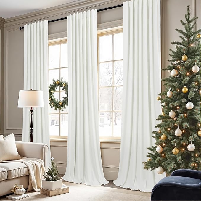 Living Room Curtains 84 Inches Long Faux Linen Darkening Curtain for Bedroom Boho Burlap Full Blackout Soundproof Thermal Insulated Drapes for Nursery Room Divider 52x84 Length 2 Panel Ivory Off White