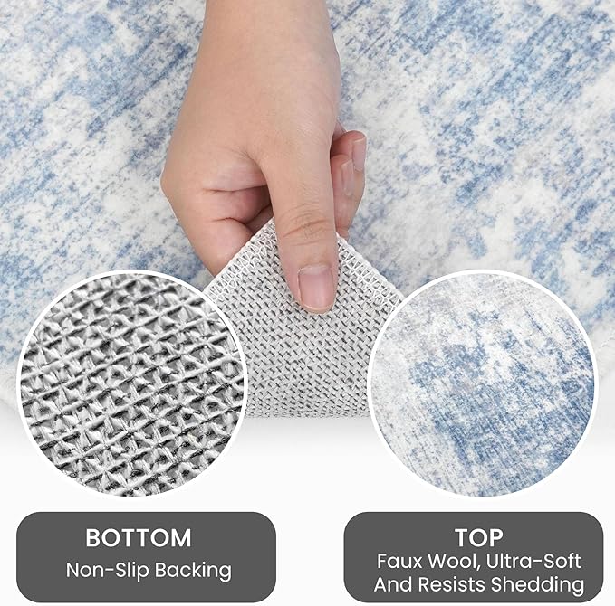 IOHOUZE Abstract Runner Rug 3x14 Ft Washable Runners for Hallways, Non Slip Kitchen Runner Printed Faux Wool Entryway Runner Indoor, Modern Abstract Floor Carpet for Hall Stair, Light Blue Grey