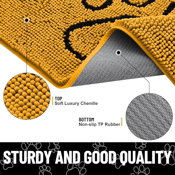 Smiry Dog Door Mat for Muddy Paws, Absorbent Dirt Trapper Non Slip Quick Dry Washable Chenille Mat for Mud Dogs, Entry Rug for Indoor and Outdoor (48x30 Inches, Golden Yellow and Black)