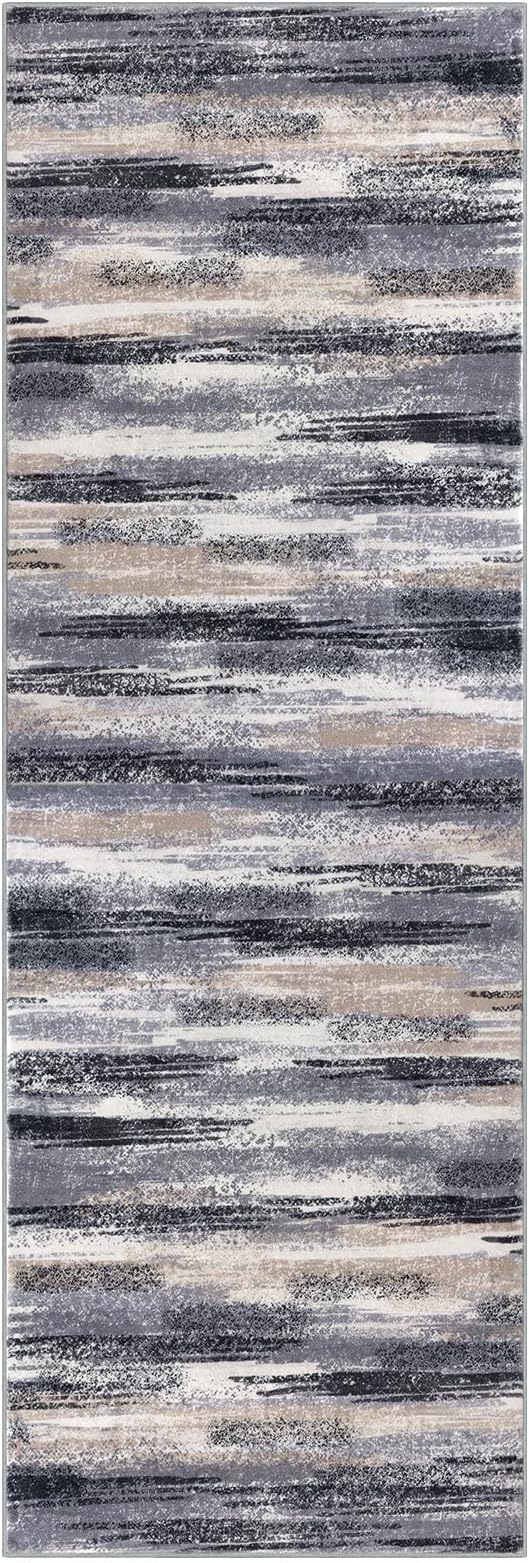 Lansny Modern Abstract Runner Rug 2.6x14, Grey Black Multi Washable Long Kitchen Runner Non-Slip Soft Hallway Rug Runner Thin Print Faux Wool Carpet for Entryway Bedroom Laundry Room Indoor HomeDecor