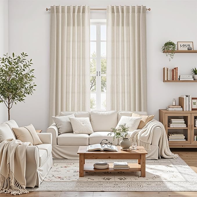 Nanspring Extra Long 120 Inch Curtains for Living Room Boho Linen Light Filtering Semi Sheer Curtain Back Tab Eclectic Home Decor Modern Floor to Ceiling High Window for Bedroom 52x120, 2 Panels