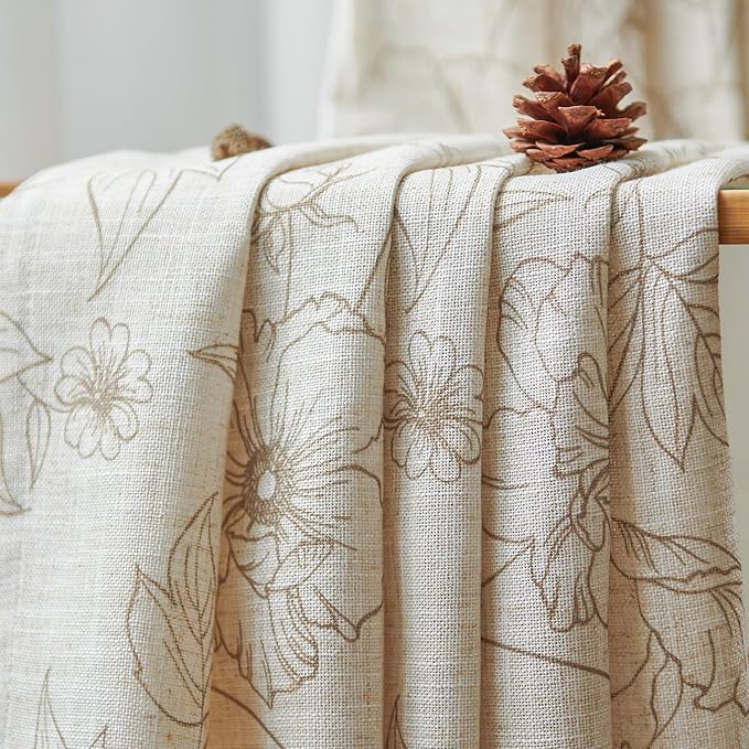 jinchan Floral Linen Curtains for Living Room 96 Inch Length Taupe Flower Curtain Rod Pocket Back Tab Farmhouse Curtains with Printed Floral Bedroom Window Curtain Set, 2 Panels Taupe