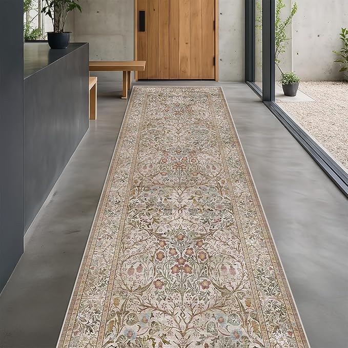 Hazo Haus Non Slip 2x10 Moss Green Hallway Runner - 10ft Long Runner Rugs, Washable Kitchen Floor Mat - Vintage Brown Taupe Neutral Floral Design Décor