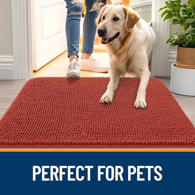 OLANLY Dog Door Mat for Muddy Paws 40x24, Absorbs Moisture and Dirt, Absorbent Non-Slip Washable Doormat, Quick Dry Chenille Mud Mat for Dogs, Entry Indoor Entryway Carpet for Inside Floor, Maple Red