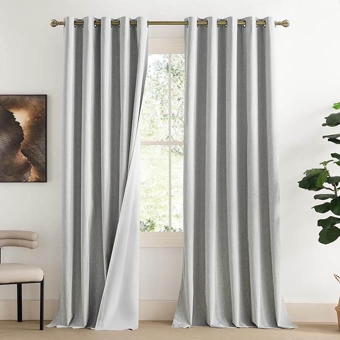 NICETOWN Grey Long Linen Full Shade Panels, 62" Wide x 95" Long, Pair of Thermal Insulated & Energy Efficiency Blackout Curtains for Living Room Windows, Lined Silky Performance Window Dressing