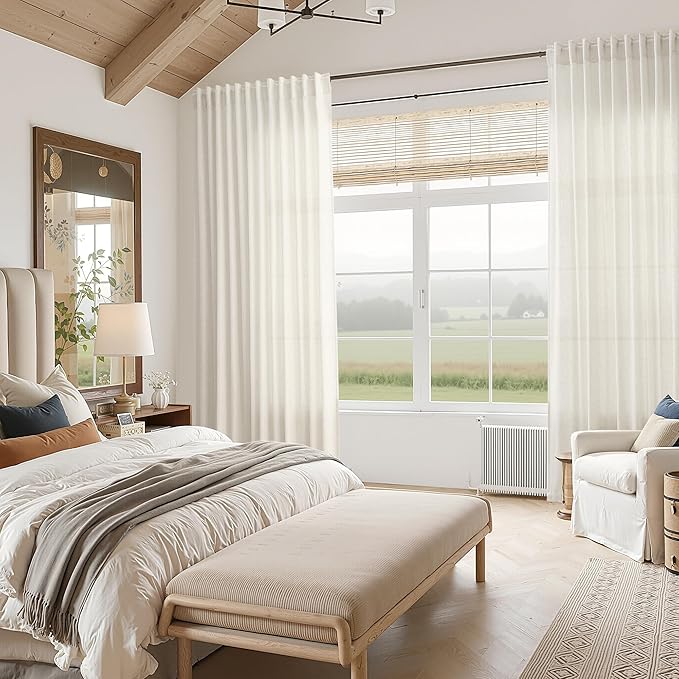 Nanspring Natural Linen Curtains for Living Room 110 Inches Long Back Tab Light Filtering Semi Sheer Curtain Rustic Farmhouse Decor Long Floor to Ceiling High Window for Bedroom 52x110, 2 Panels