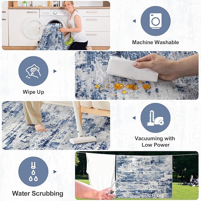 Area Rugs 10x12 Living Room - Washable Rug Modern Abstract Soft Large Neutral Non-Slip Carpet Indoor Floor Thin Carpets for Bedroom Dining Room Farmhouse Nursery Home Office Blue Gray