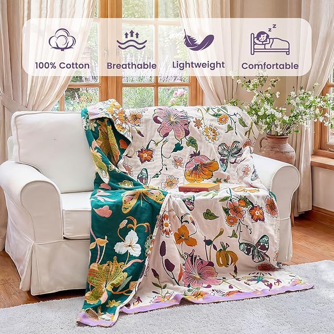 MSGKV Boho Throw Blanket 90"x90" Floral Blanket for Bed 100% Cotton Spring Breathable Lightweight Farmhouse Queen Blankets All Seasons Home Decor Muslin