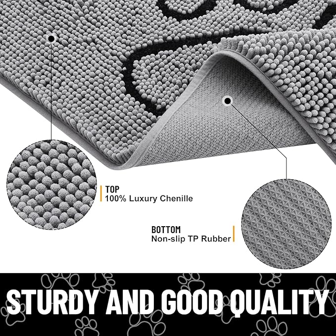 Smiry Dog Door Mat for Muddy Paws, Absorbent Dirt Trapper Non Slip Quick Dry Washable Chenille Mat for Mud Dogs, Entry Rug for Indoor and Outdoor (47x17 Inches, Grey and Black)