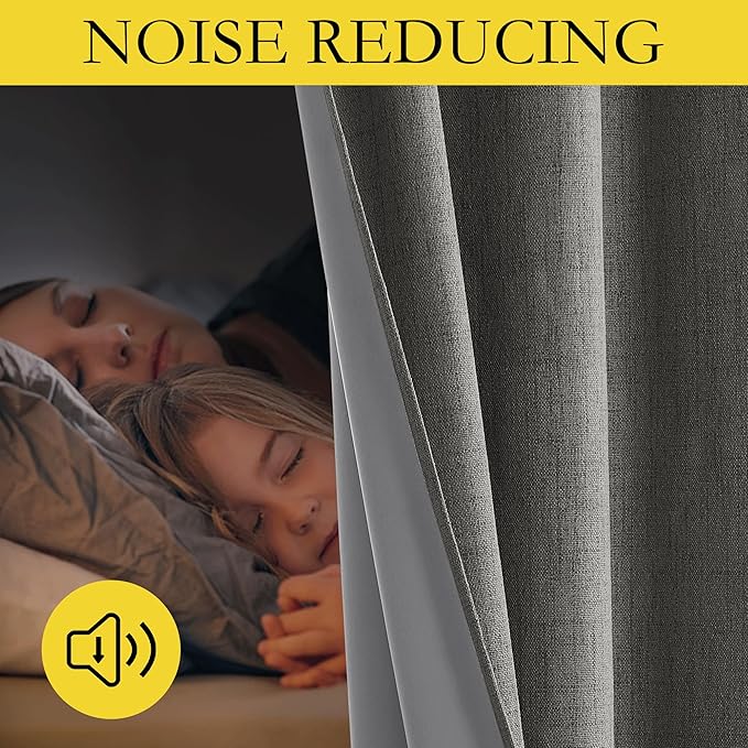 NICETOWN Grizzle Gray Vintage Linen 100% Blackout Curtains for Living Room, Thermal Insulated Curtains 84“ Long, Noise Reducing Window Treatment Drapes for Hall Room, 52" Wide Per Panel, Set of 2