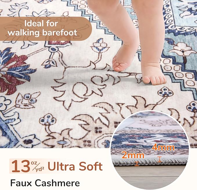 OPPODREAM Soft Entryway Rug 2x8, 2x8 Rug Runner, Washable Hallways Carpet 2 x 8 with Non Slip Backing, Low-Pile Bedside Carpet 2 x 8, Long, Faux Cashmere, Navy Blue & Red & Cream
