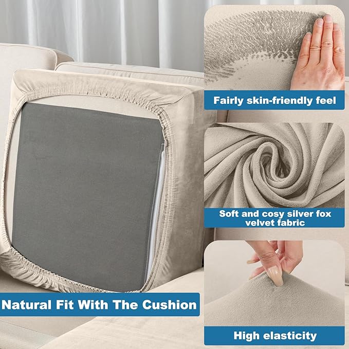 Couch Cover Stretch Velvet Sofa Cushion Cover 2-Piece - Elastic Washable Slipcover for Seat or Backrest, Couch Seat Covers for Sofas (Taupe)