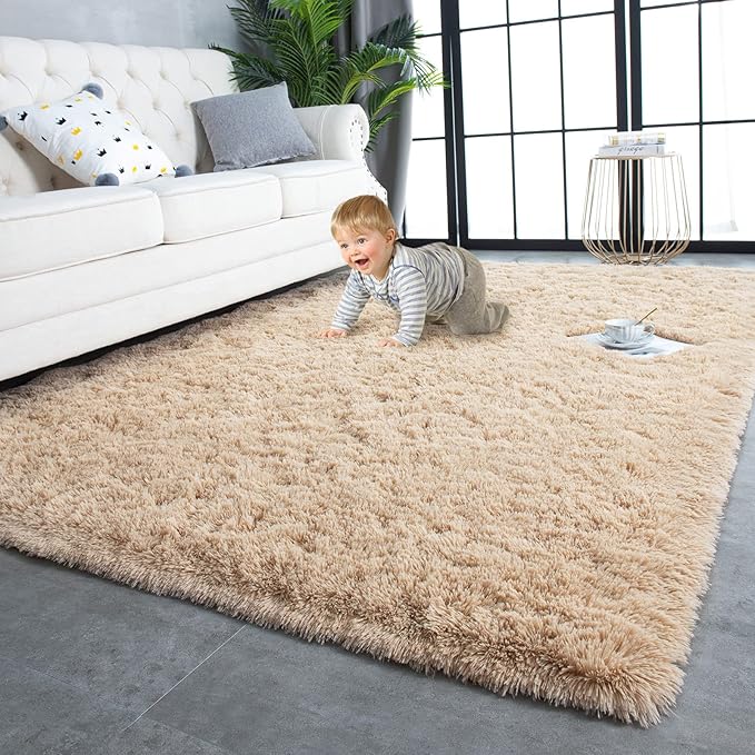 TWINNIS Super Soft Shaggy Rugs Fluffy Carpets 8x10 Feet, Indoor Modern Plush Area Rugs for Living Room Bedroom Kids Room Nursery Home Decor, Upgrade Anti-Skid Rectangular Fuzzy Rug, Light Tan