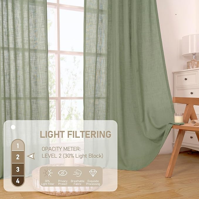LAMIT 95 Inches Long Sage Green Linen Curtains for Living Room, Back Tab and Rod Pocket Linen Textured Curtains Light Filtering Boho Drapes for Bedroom/Dining Room, Set of 2, 52 x 95 Inch
