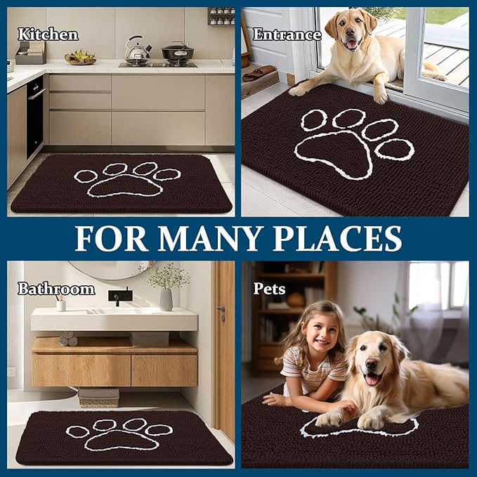OLANLY Dog Door Mat for Muddy Paws 47x20, Paw Print Design, Absorbs Moisture and Dirt, Absorbent Non-Slip Washable Doormat, Quick Dry Chenille Mud Mat for Dogs, Entry Indoor Entryway Carpet, Brown