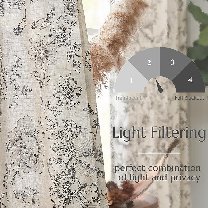 jinchan Lined Linen Blend Curtain Floral Curtains for Living Room 90 Inches Long Black Peony Flower Printed Curtain Back Tab Farmhouse Patterned Drapes Bedroom Window Curtains Set 2 Panels