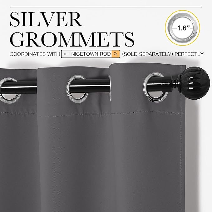 NICETOWN Grey Blackout Curtain Panels 48 inch Long Set of 2 for Bedroom, Thermal Insulated Grommet Top Light Blocking Draperies and Drapes for Basement (W34)