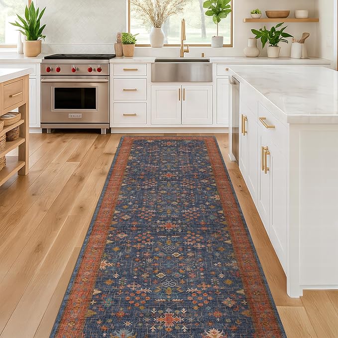 Hazo Haus Navy Blue Runner Rug 2x5 for Hallway, Kitchen, Bathroom, Mudroom, Laundry Room, Washable Non Slip Non Skid Rubber Backing Low Pile Stain Resistance