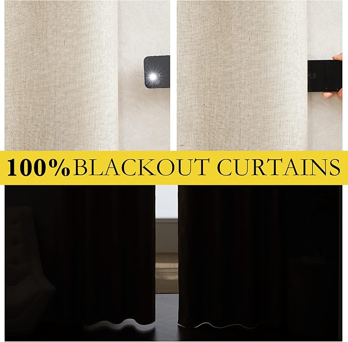 NICETOWN 100% Blackout Linen Texture Curtains 80" Long, Beige, 2 Pcs, Thermal Insulated Full Blackout 2-Layer Lined Drapes, Energy Efficiency Window Draperies for Boy's Room