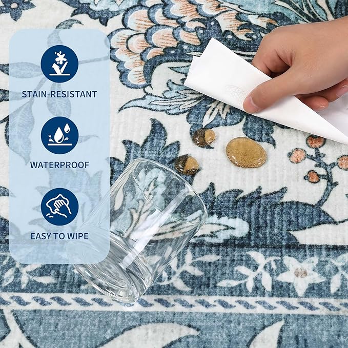 GarveeHome Misty Blue Botanical Grove 5ft Round Rug, Small Circle Vintage Cottagecore Soft Low-Pile Non-Slip Washable Rugs for Living Room Bedroom Nursery Kitchen Retro Carpet