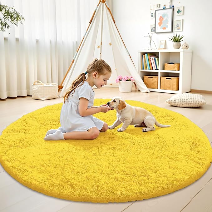 OLANLY Yellow Round Rugs for Bedroom - Machine Washable, 6 ft Circle Area Rugs for Living Room, Soft and Fluffy Shaggy Carpet for Teen Girl and Boys, Nursery Rooms, Dorms, Home Decor Aesthetic