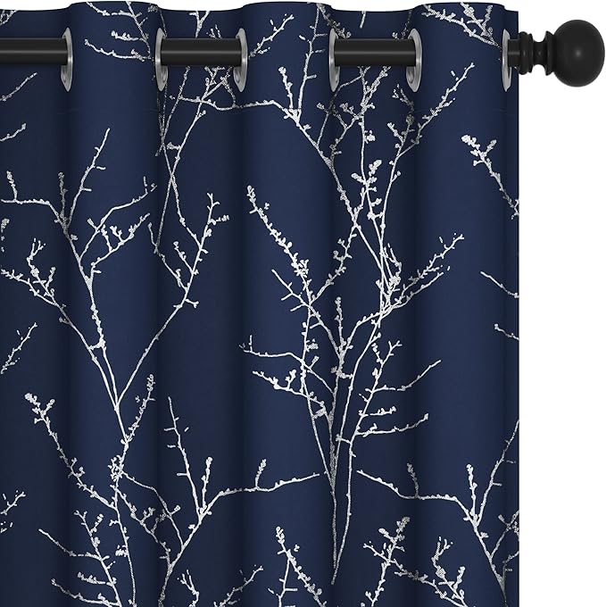 Deconovo Blackout Curtains, Navy Blue Curtain, Thermal Insulated Soundproof Drapes, Branch Silver Print, 52 x 63 Inch Long, Machine Washable Grommet Panels for Bedroom Living Room Office, Set of 2