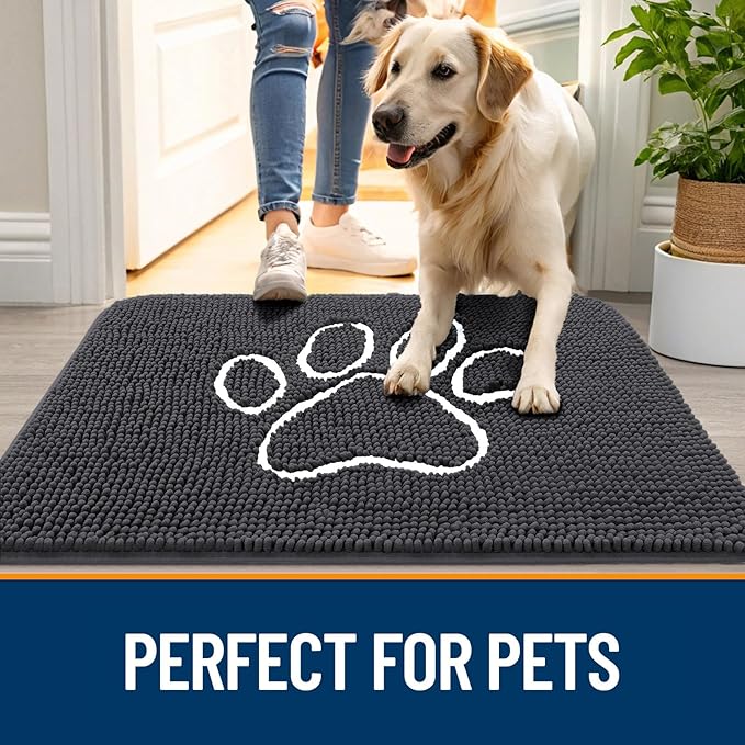 OLANLY Dog Door Mat for Muddy Paws 44x24, Paw Print Design, Absorbs Moisture and Dirt, Absorbent Non-Slip Washable Doormat, Quick Dry Chenille Mud Mat for Dogs, Entry Indoor Entryway Carpet, Dark Grey