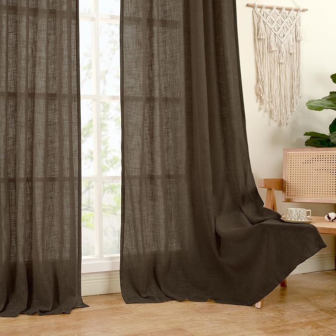 LAMIT Linen Curtains 90 Inch for Living Room, Back Tab and Rod Pocket Linen Textured Farmhouse Curtains Light Filtering Drapes for Bedroom/Dining Room, Dark Brown, Set of 2, 52 x 90 Inch