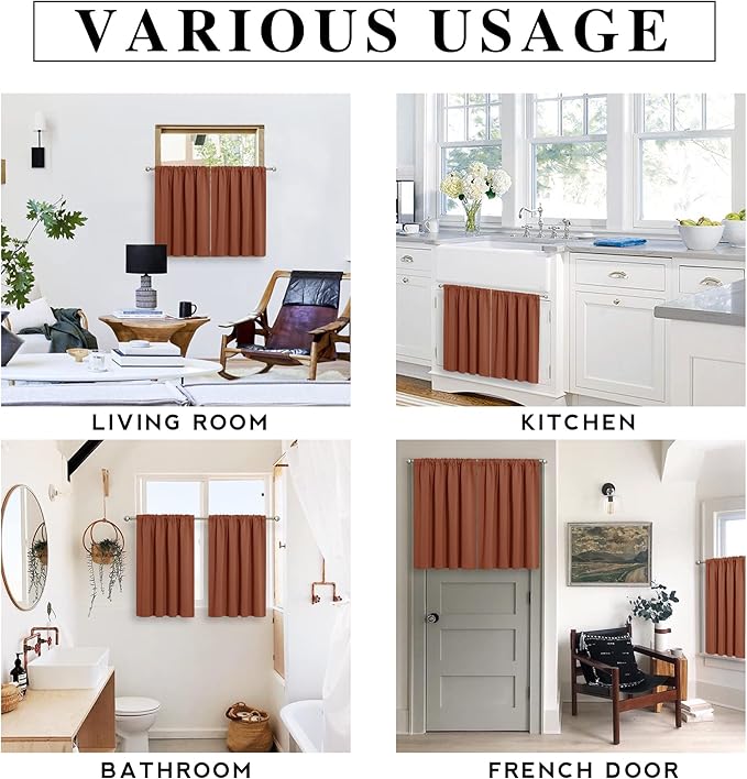 RYB HOME Short Blackout Curtains for Small Window, Sunmmer Heat Light Blocking Privacy Protection Curtains for Sunroom Laundry Room Stair Window, Width 52 by Length 36, Burnt Orange, Set of 2