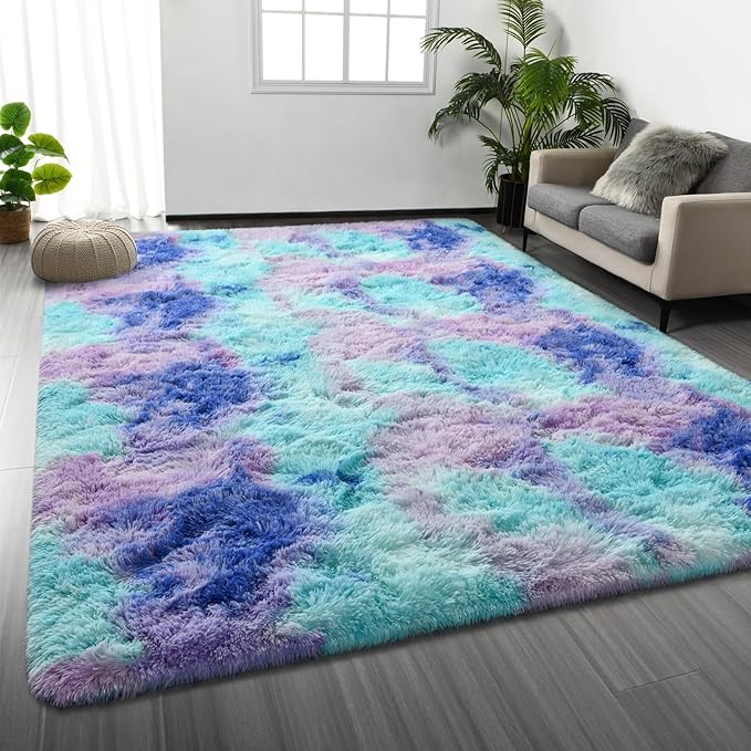 Deerhoo Large Shag Area Rugs 5 x 8, Tie-Dyed Plush Fuzzy Rugs for Living Room, Ultra Soft Fluffy Furry Rug for Bedroom, Indoor Carpet Nursery Rugs for Kids Room Home Decor, Rainbow