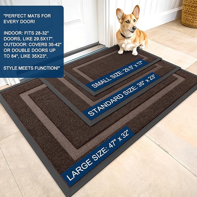 OLANLY Front Door Mat Indoor Outdoor Entrance, Waterproof All-Season, All-Weather Doormat, Sturdy Natural Rubber, Fade Resistant, Low Profile, Easy Clean Patio Porch Entryway Mat, 29.5x17, Dark Brown
