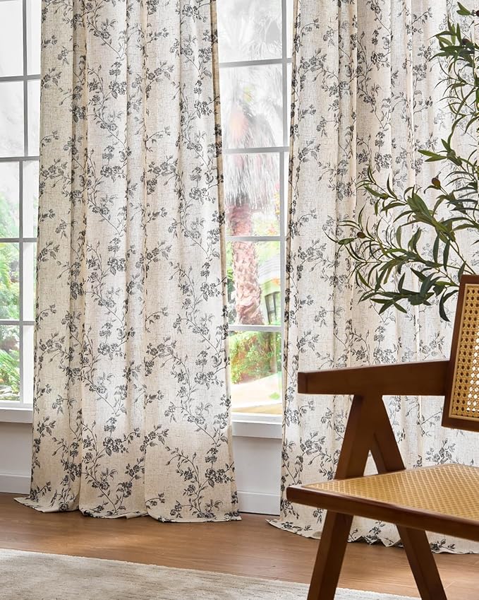Lazzzy Black Floral Linen Curtains 63 Inch Farmhouse Back Tab Drapes for Living Room Bedroom Light Filtering Vintage Grandmillennial Rod Pocket Curtains, 2 Panels, W38 x L63, Black on Beige