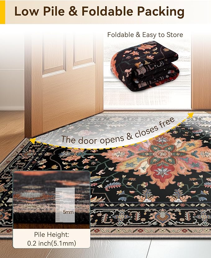 Area Rugs 3'x6' Runner Rug Non Slip Washable for Kitchen Hallway Bedroom Beside Laundry Room Bathroom Rug, Floor Carpet, Black Colorful Floral Dark Tan